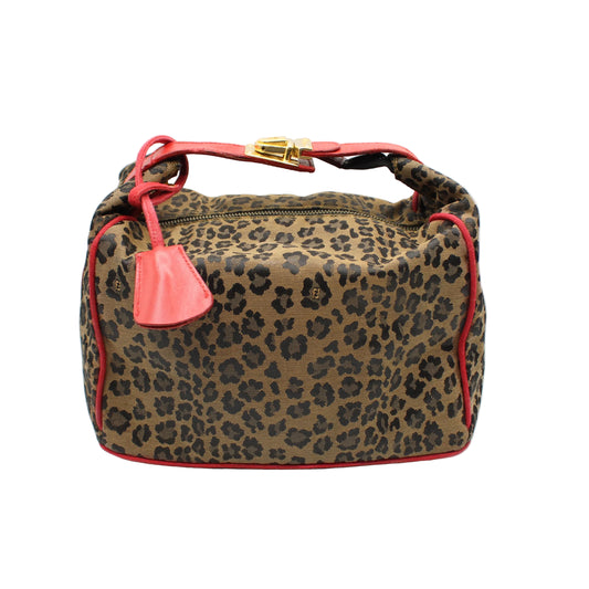 Fendi Brown Leopard Print Red Leather Trim Hand Bag Leopard print handbag with red accents on a white background