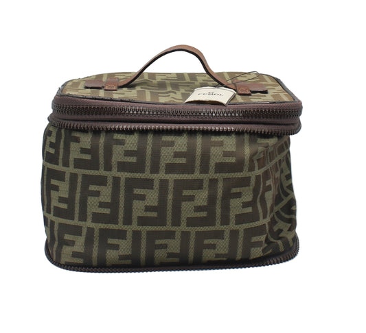  Fendi Brown Zucca Canvas Collapsible Vanity Bag Green patterned suitcase with brown handle on a white background