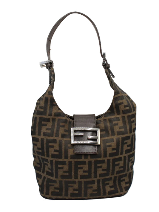 Fendi Brown Zucca Canvas Croissant Baguette Shoulder Bag Brown handbag with a prominent logo on a white background