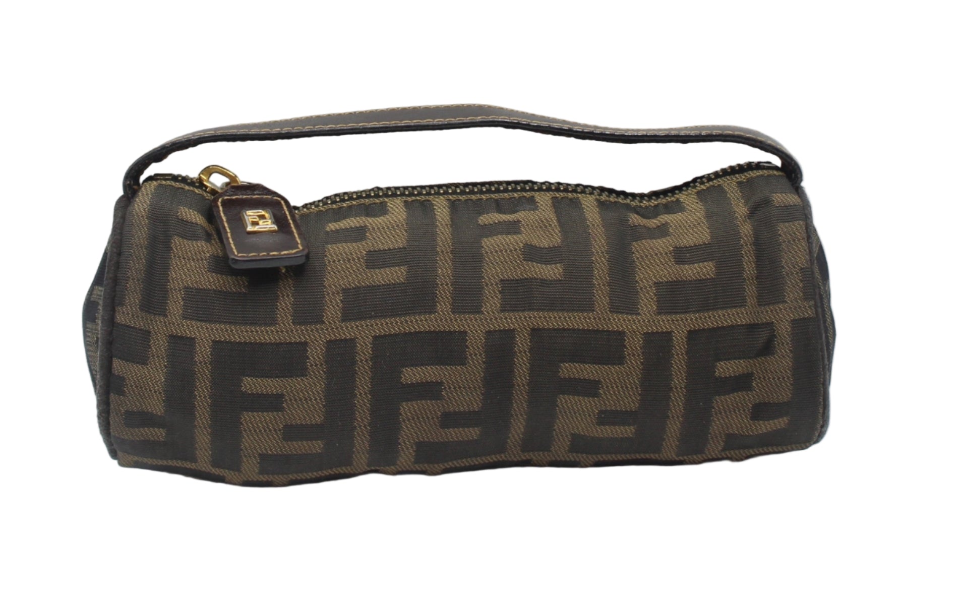 Fendi Brown Zucca Canvas Cylinder Mini Bag #5 Brown handbag with a pattern on a white background