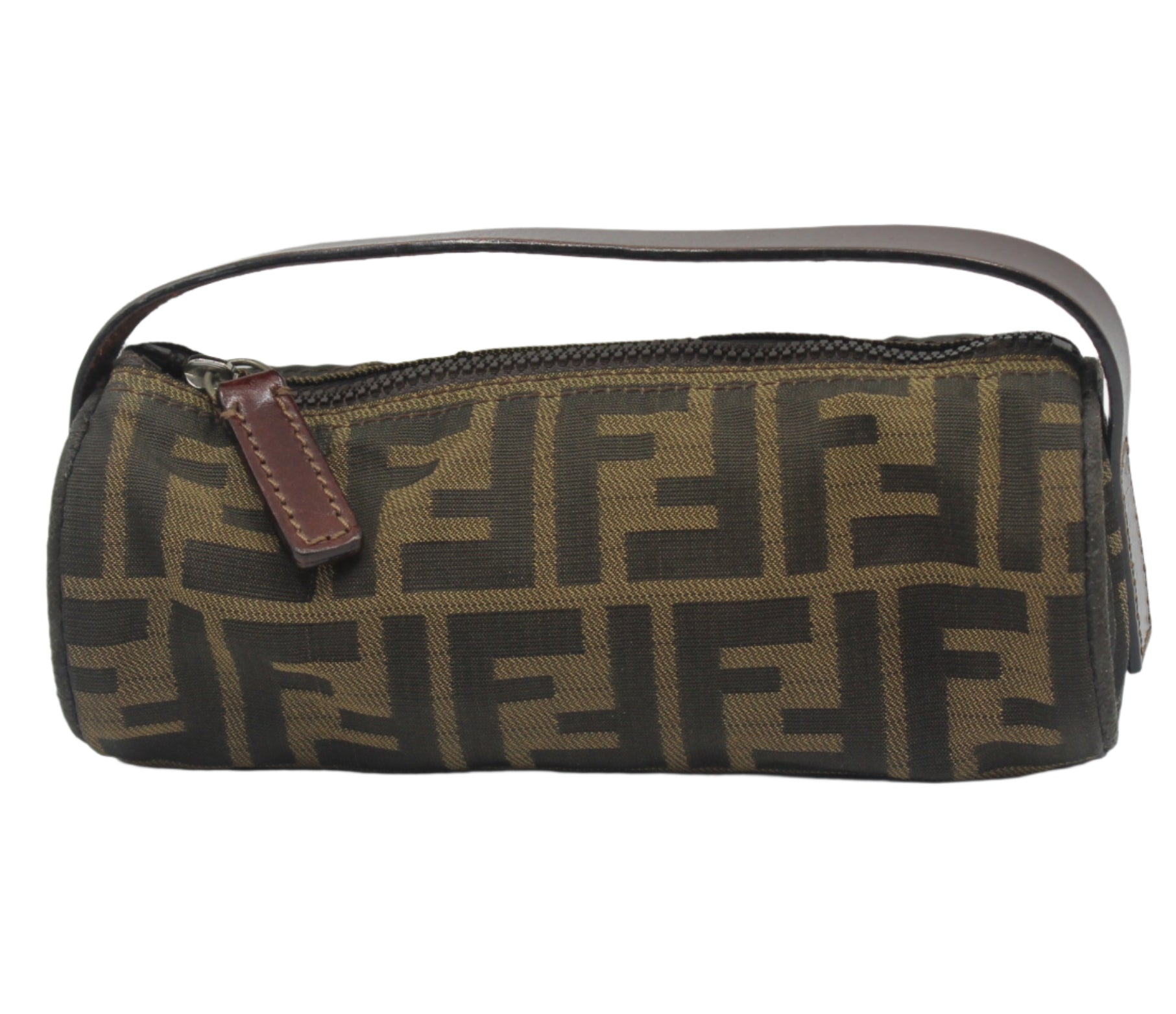 Fendi Brown Zucca Canvas Cylinder Mini Bag Leather Handle #4 Fendi bag with brown and black pattern on a white background