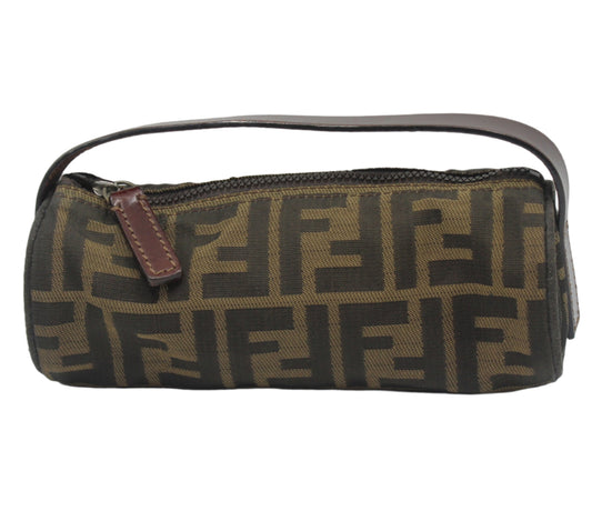 Fendi Brown Zucca Canvas Cylinder Mini Bag Leather Handle #4 Fendi bag with brown and black pattern on a white background