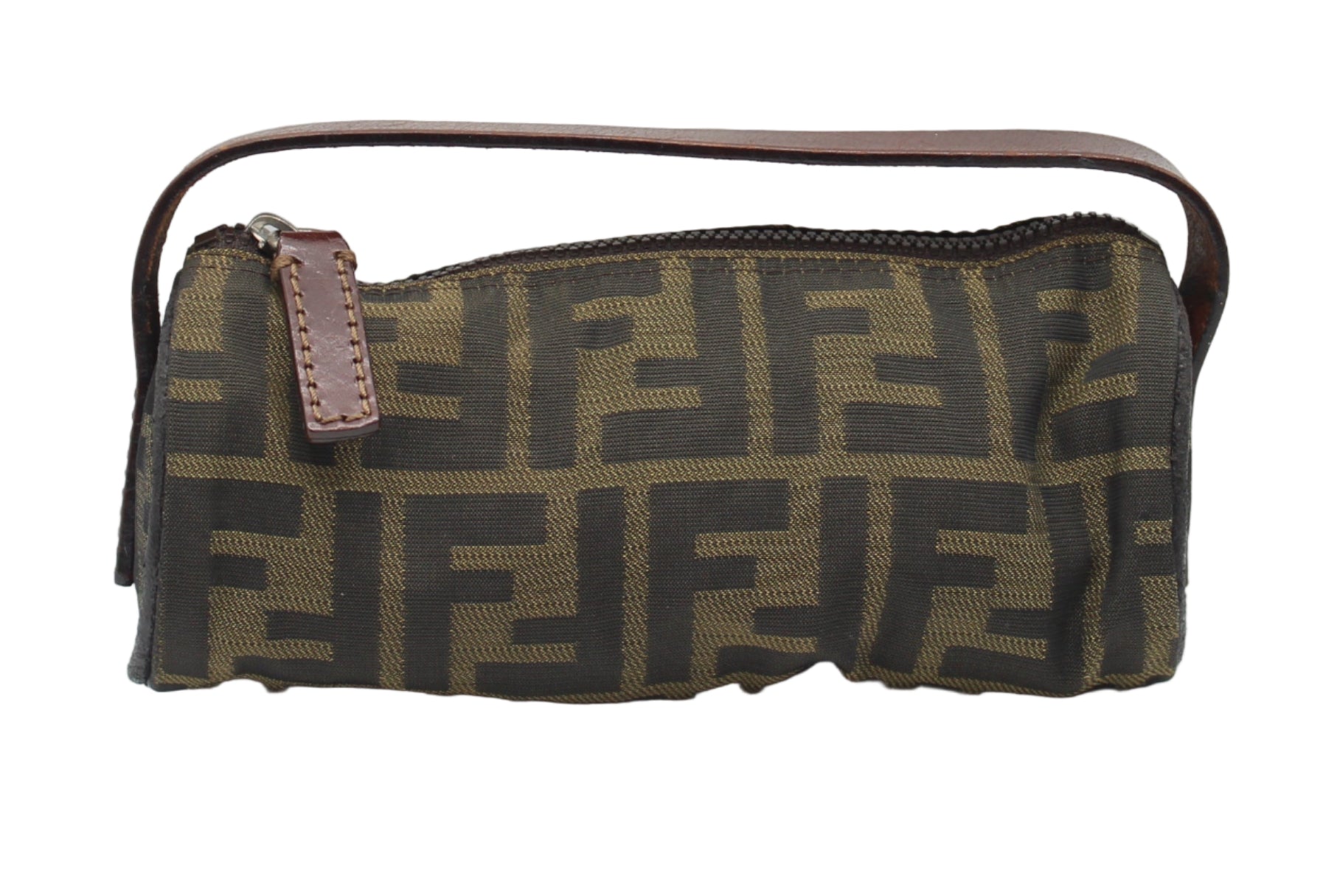 Designer handbag with brand logo on a white background Fendi Brown Zucca Canvas Cylinder Mini Bag With Leather Handle #6