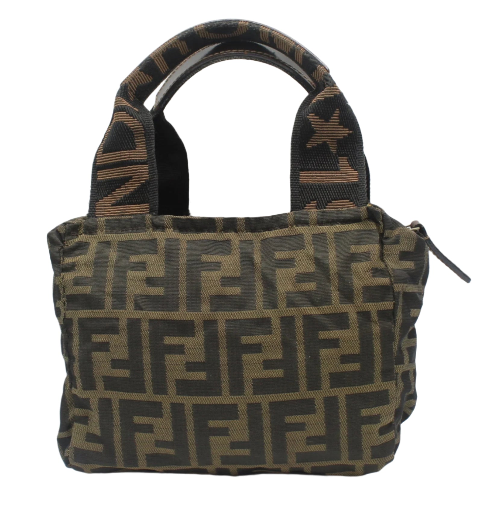 Fendi Brown Zucca Canvas Dual Handle Mini Handbag Patterned handbag with visible brand logo on a white background