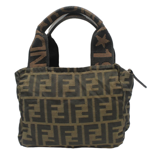 Fendi Brown Zucca Canvas Dual Handle Mini Handbag Patterned handbag with visible brand logo on a white background
