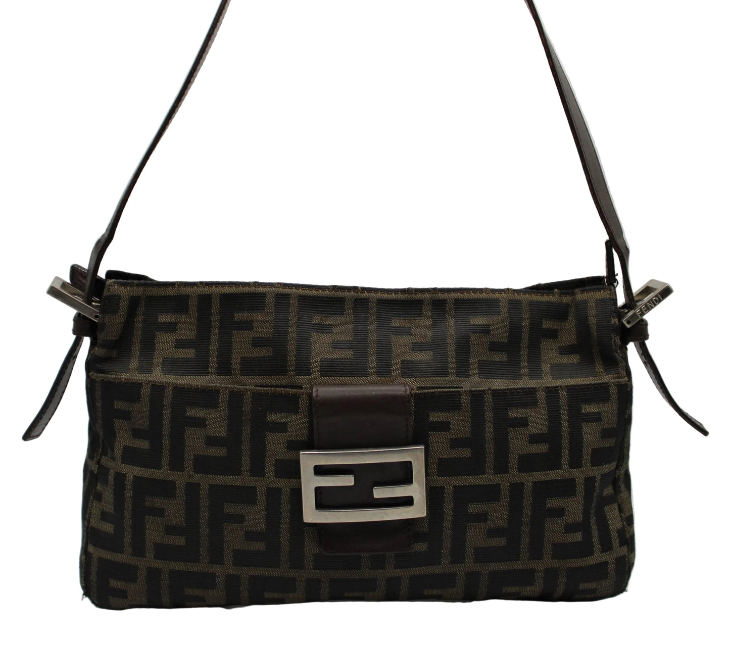 Fendi Brown Zucca Canvas Leather Baguette Shoulder Bag Brown patterned handbag with a prominent logo on a light gray background