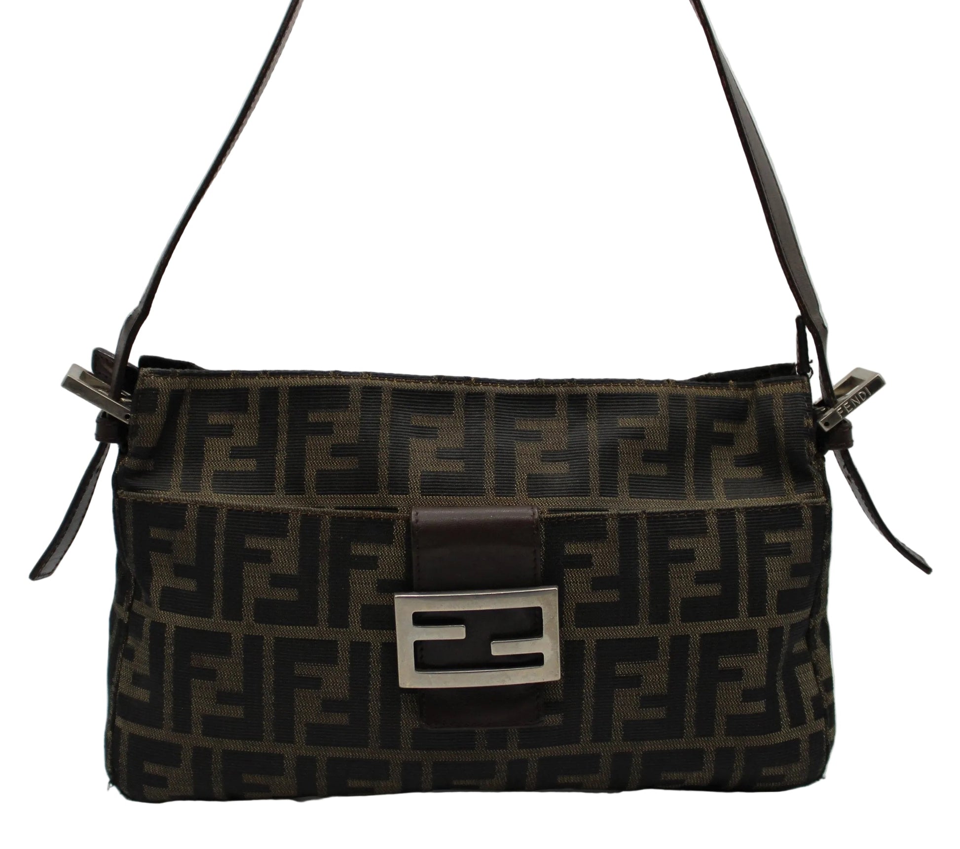 Fendi Brown Zucca Canvas Leather Baguette Shoulder Bag Brown patterned handbag with a prominent logo on a light gray background