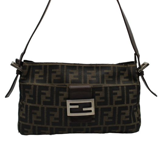 Fendi Brown Zucca Canvas Leather Baguette Shoulder Bag Brown patterned handbag with a prominent logo on a light gray background