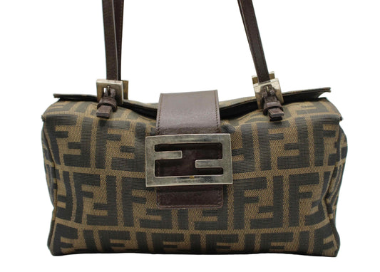 Fendi Brown Zucca Canvas Leather Baguette Shoulder Bag Designer handbag with a prominent logo on a white background