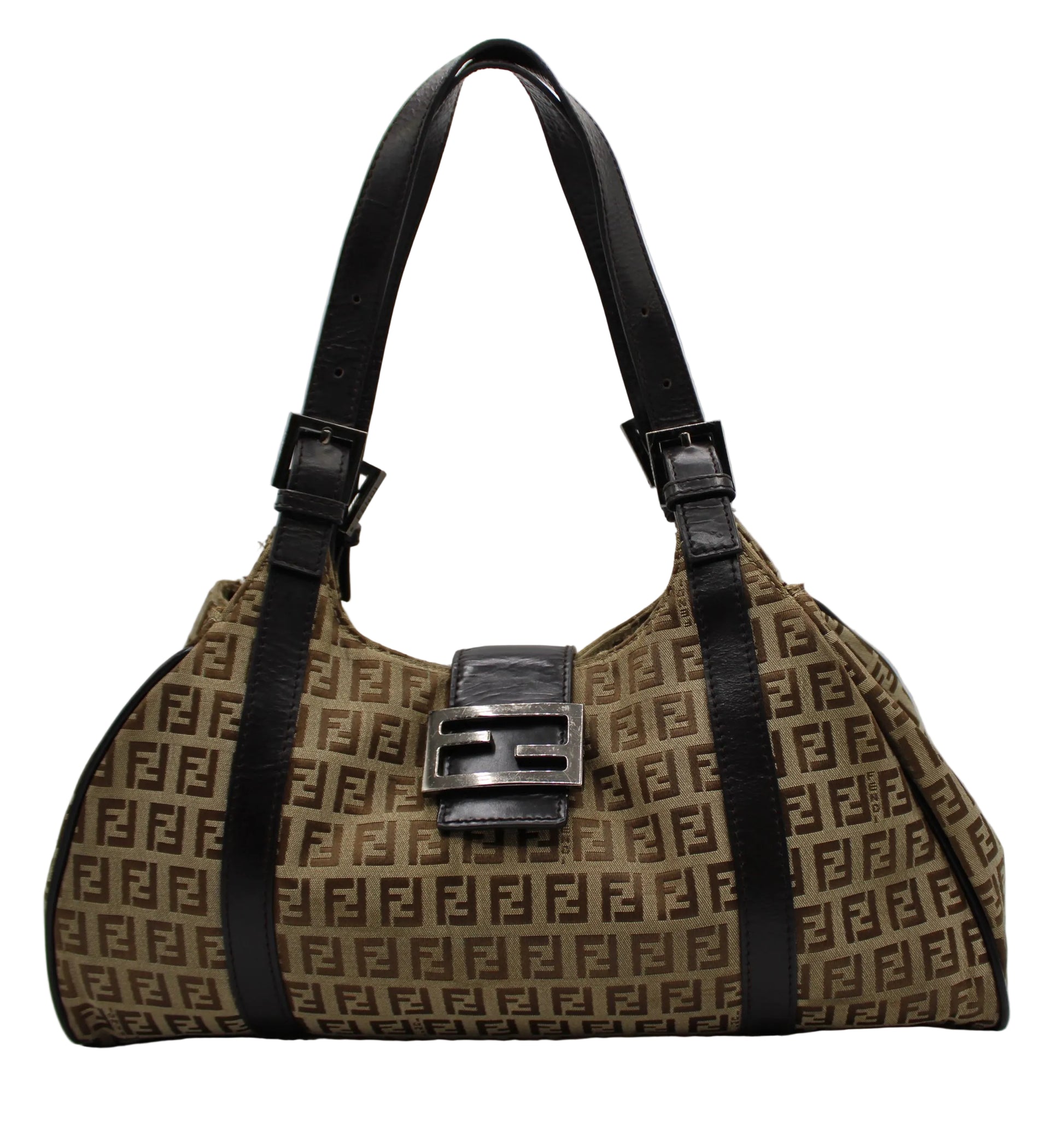 Fendi Brown Zucca Canvas Leather Baguette Shoulder Tote Bag Designer handbag with a prominent logo on a white background