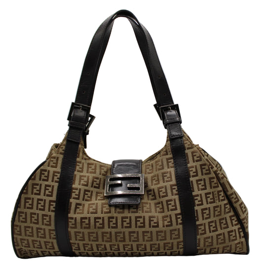 Fendi Brown Zucca Canvas Leather Baguette Shoulder Tote Bag Designer handbag with a prominent logo on a white background
