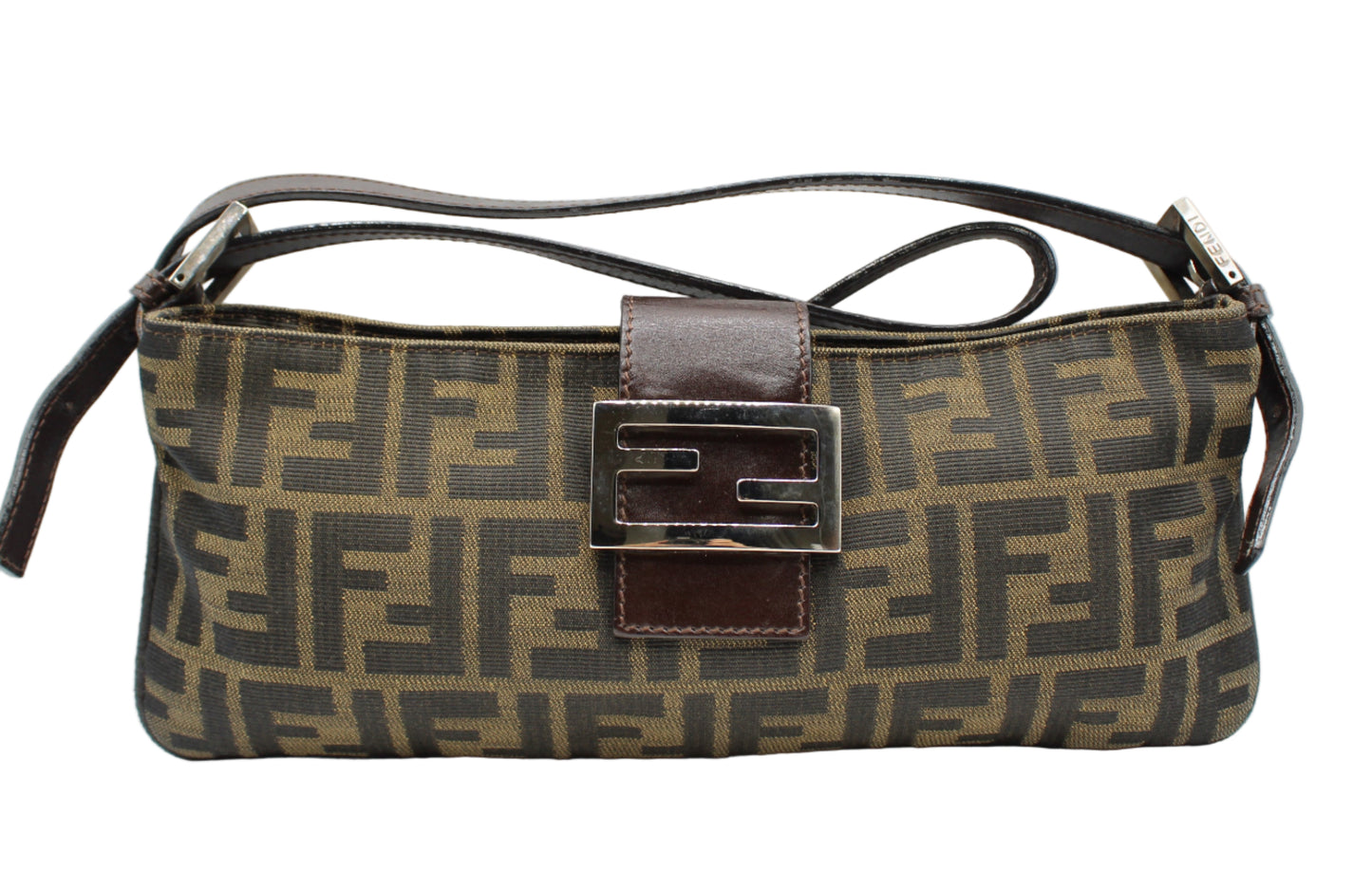 Fendi Brown Zucca Canvas Leather East West Baguette Bag Designer handbag with logo pattern on a white background