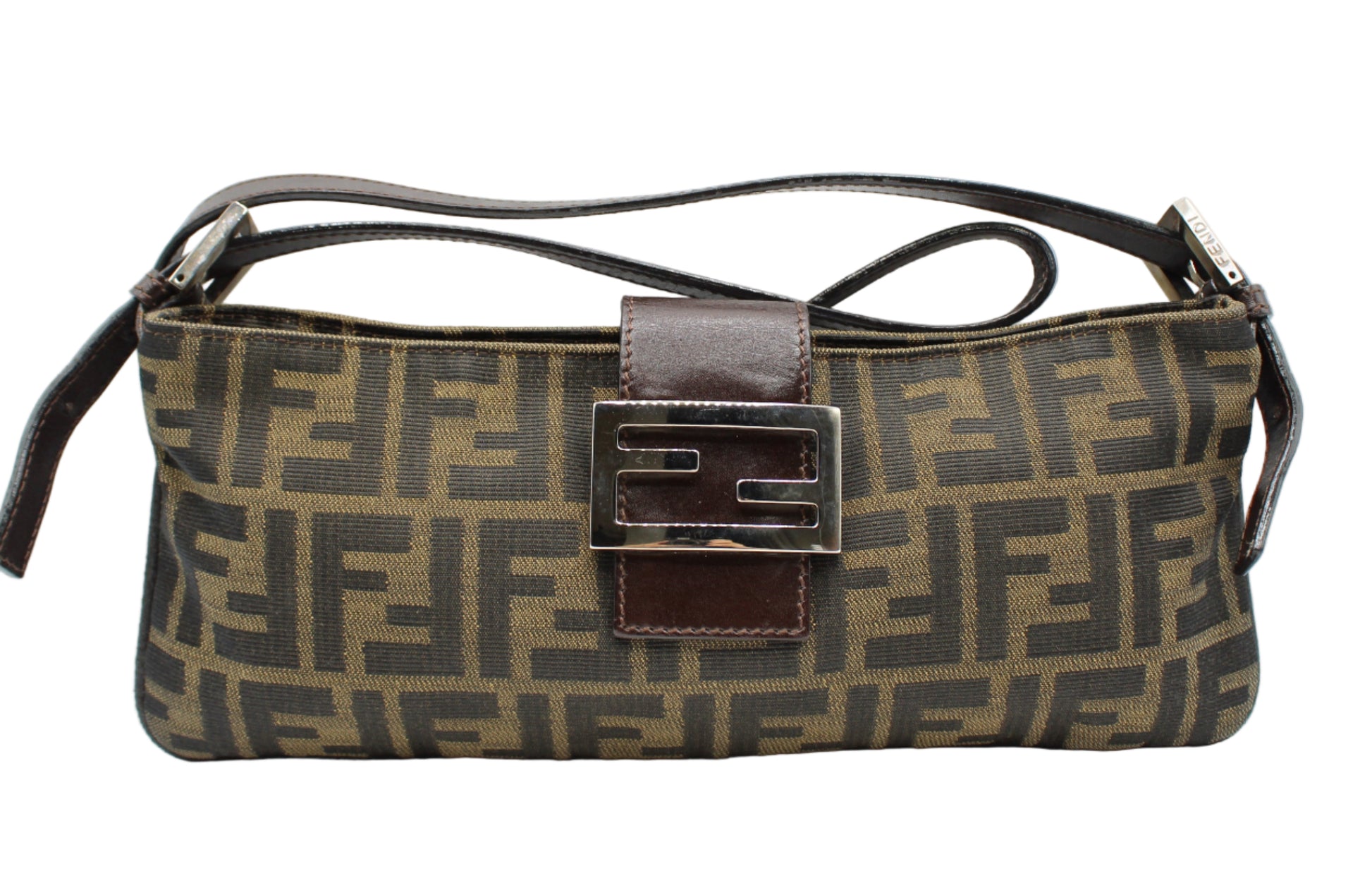 Fendi Brown Zucca Canvas Leather East West Baguette Bag Designer handbag with logo pattern on a white background