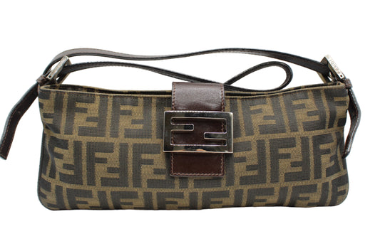 Fendi Brown Zucca Canvas Leather East West Baguette Bag Designer handbag with logo pattern on a white background