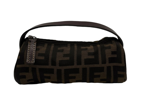 Fendi Brown Zucca Canvas Leather Handle Cylinder Pouch Bag #4 Black handbag with brown pattern on a white background