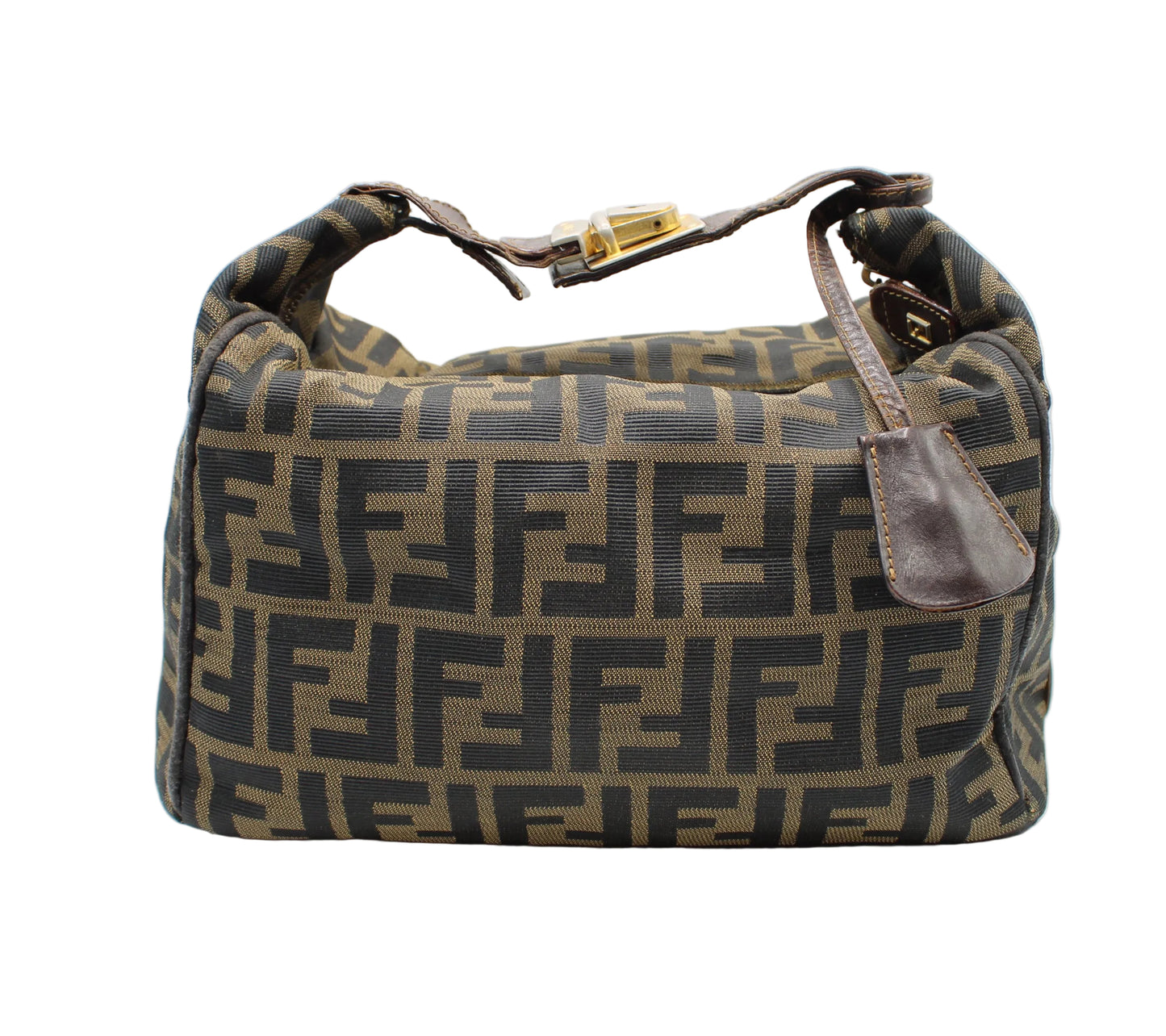Fendi Brown Zucca Canvas Leather Lock Handbag Designer handbag with a distinctive pattern on a white background