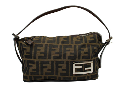 Fendi Brown Zucca Canvas Leather Mini Pochette Shoulder Bag Brown handbag with a prominent logo on a white background