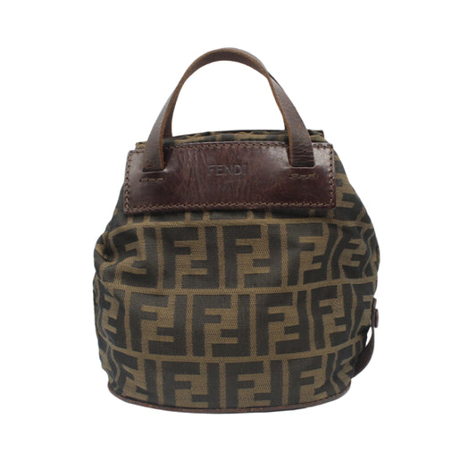 Fendi Brown Zucca Canvas Leather Mini Top Handle Bag Brown handbag with a prominent logo on a white background