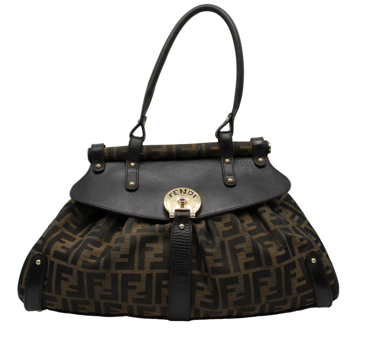 Fendi Brown Zucca Canvas Leather One Handle Flap Bag