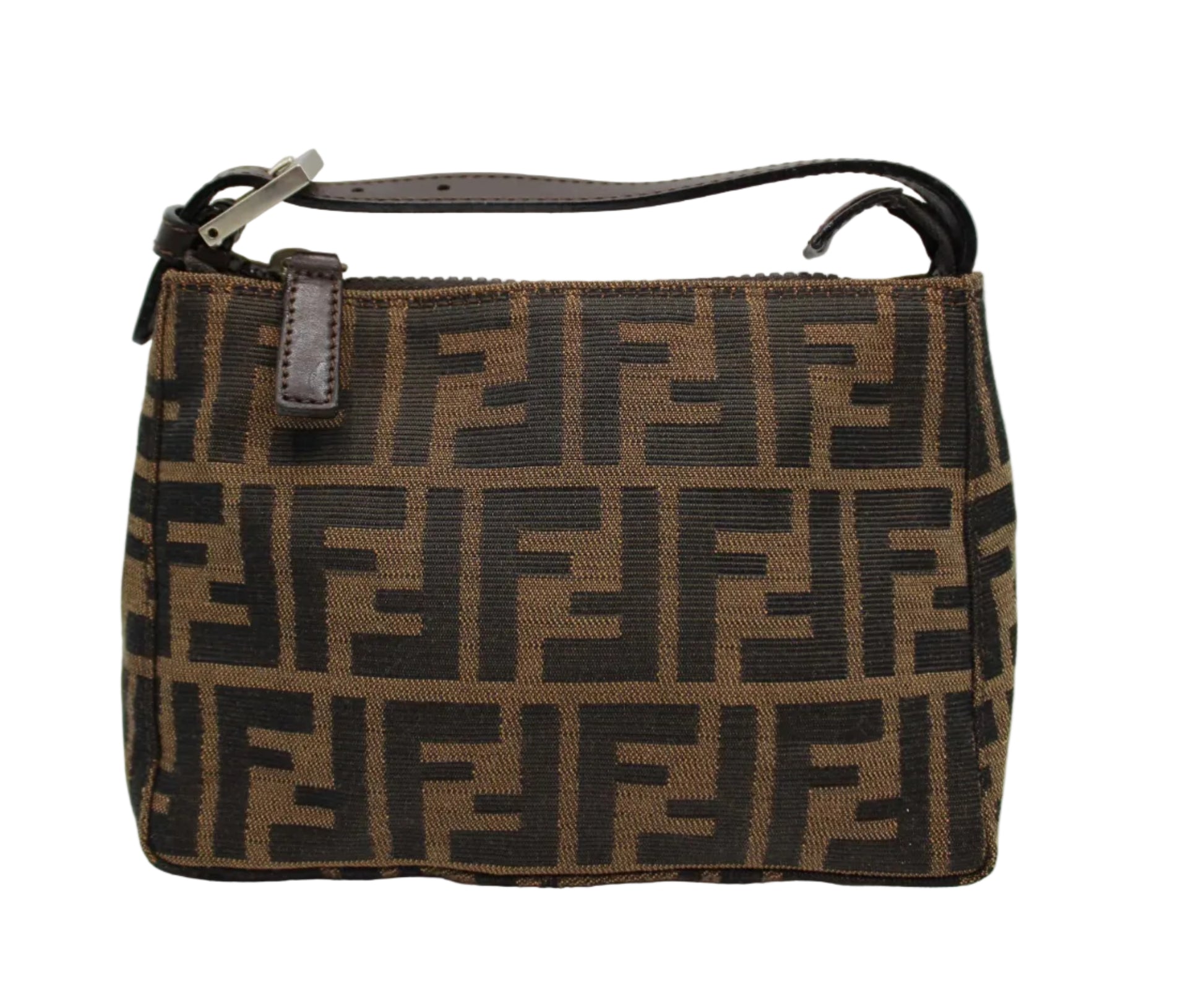 Fendi Brown Zucca Canvas Leather Pochette Handbag Brown handbag with a distinctive pattern on a white background