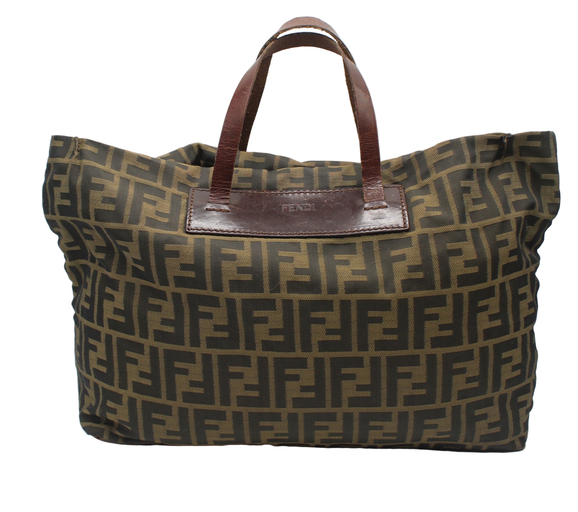 Fendi Brown Zucca Canvas Leather Trim Tote Bag Designer handbag with a prominent logo on a white background