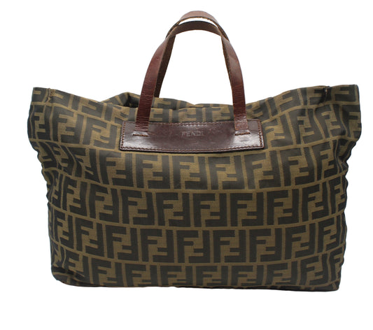 Fendi Brown Zucca Canvas Leather Trim Tote Bag Designer handbag with a prominent logo on a white background