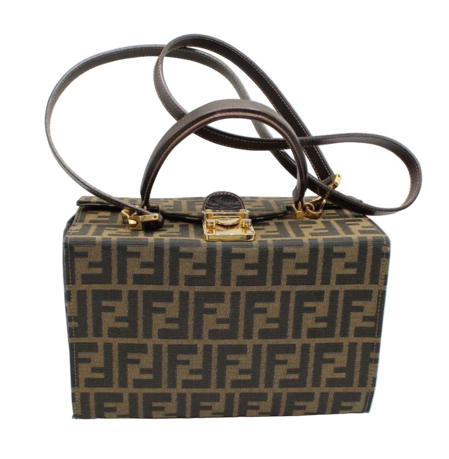 Designer handbag with distinctive pattern on a white background Fendi Brown Zucca Canvas Leather Vanity Crossbody Bag