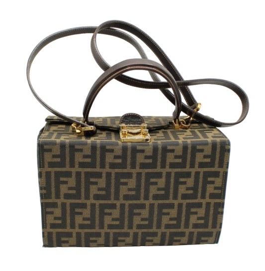 Designer handbag with distinctive pattern on a white background Fendi Brown Zucca Canvas Leather Vanity Crossbody Bag