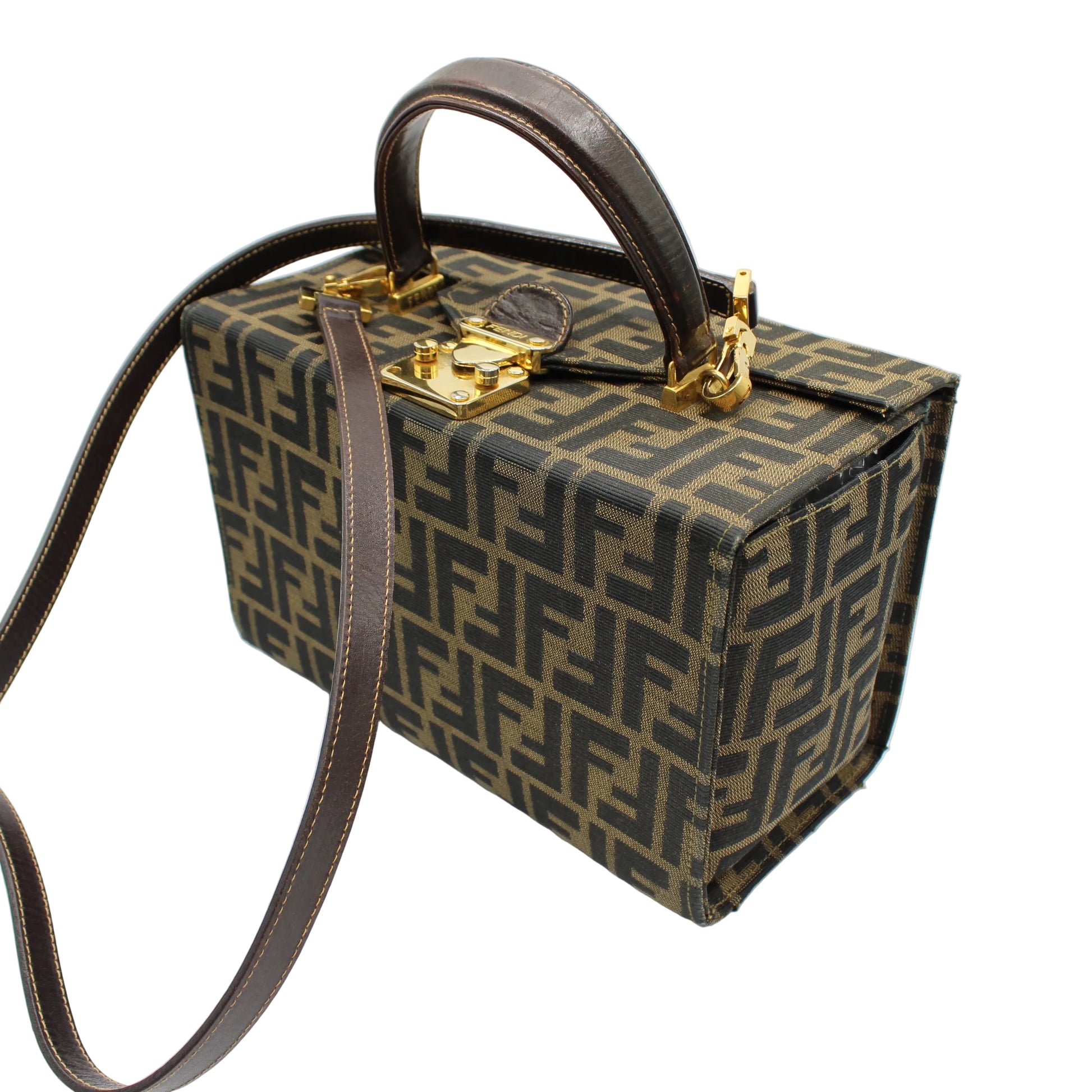 Designer handbag with brown and gold pattern on a white background