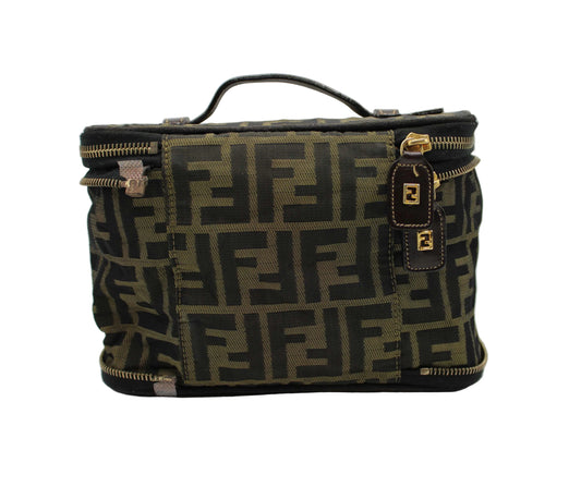 Fendi Brown Zucca Canvas Leather Vanity Pouch Bag 