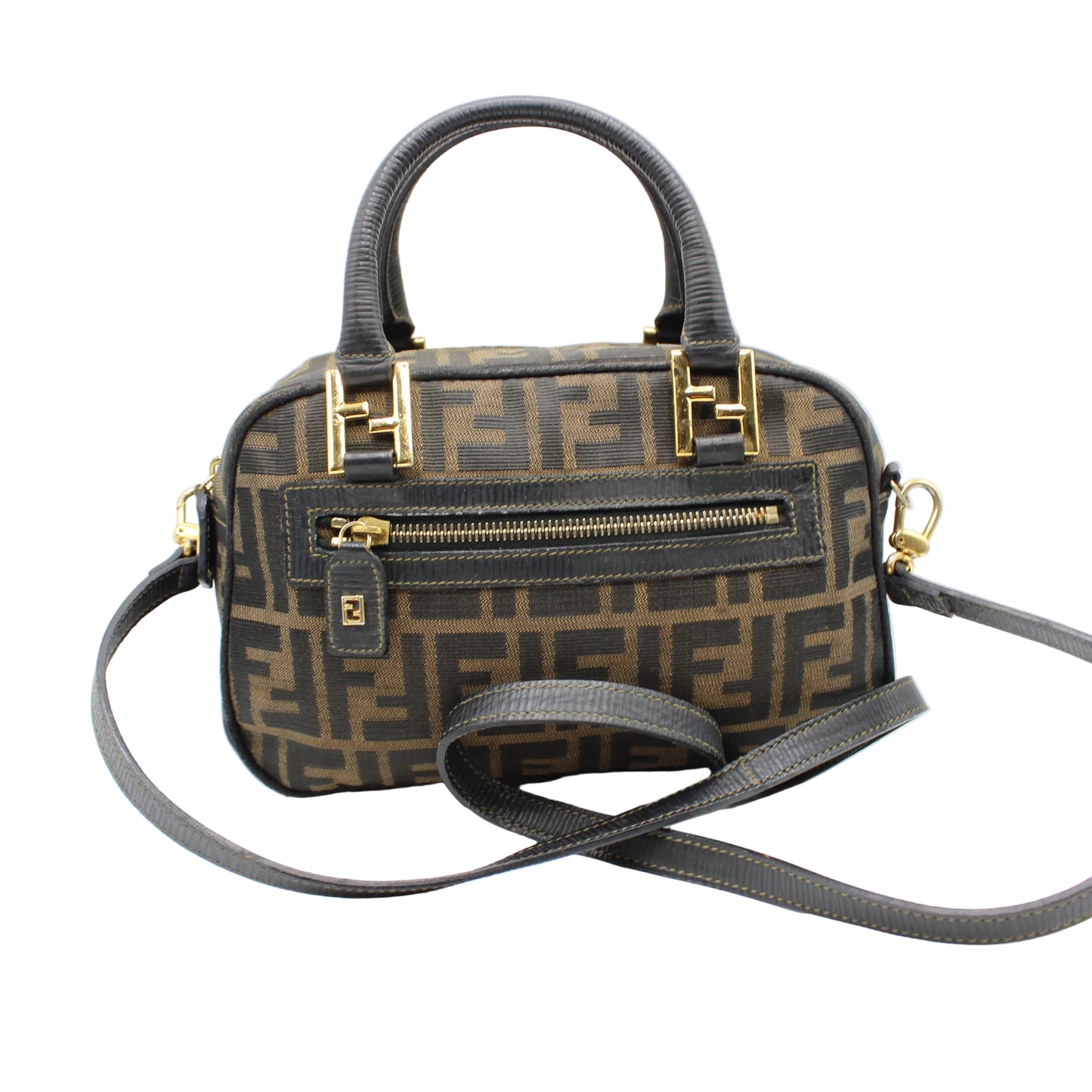 Fendi Brown Zucca Canvas Mini Boston Crossbody Bag Designer handbag with gold accents on a white background
