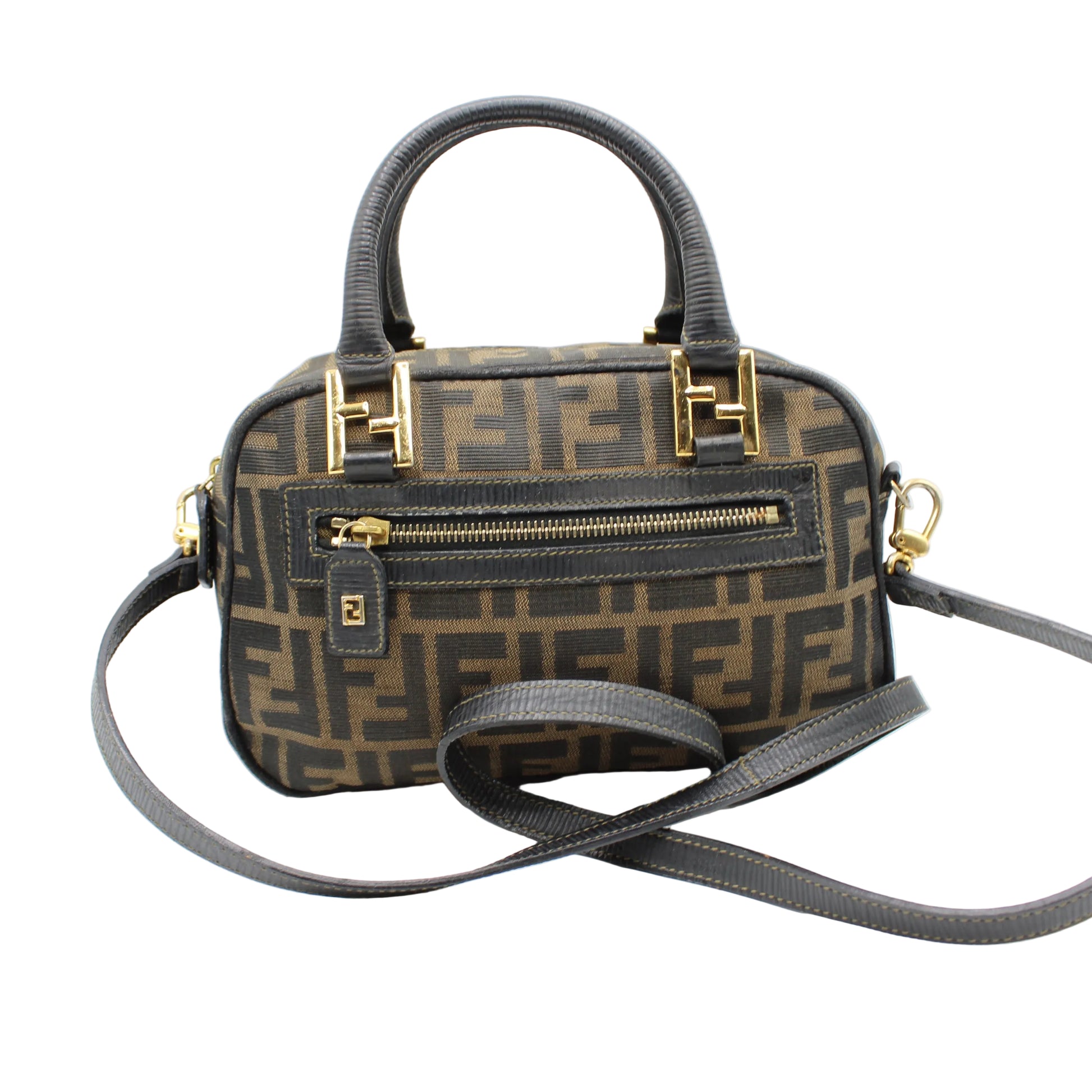 Fendi Brown Zucca Canvas Mini Boston Crossbody Bag Designer handbag with gold accents on a white background