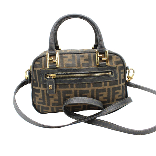 Fendi Brown Zucca Canvas Mini Boston Crossbody Bag Designer handbag with gold accents on a white background