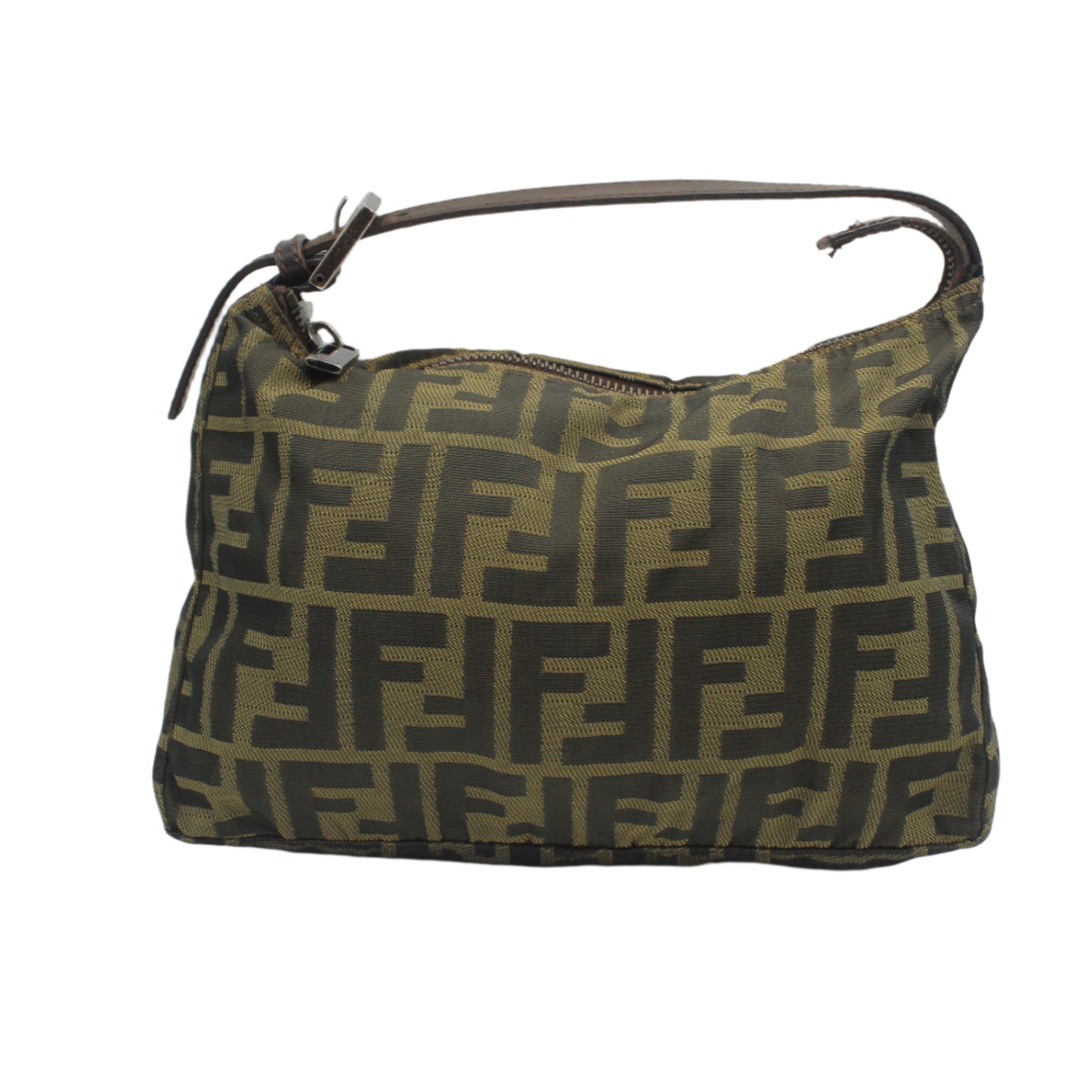 Fendi Brown Zucca Canvas Mini Hand Bag Green handbag with brown logo pattern on a white background