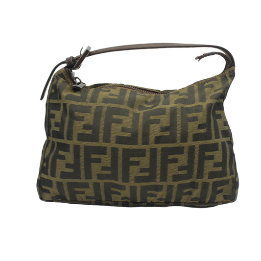 Fendi Brown Zucca Canvas Mini Hand Bag Green handbag with brown logo pattern on a white background