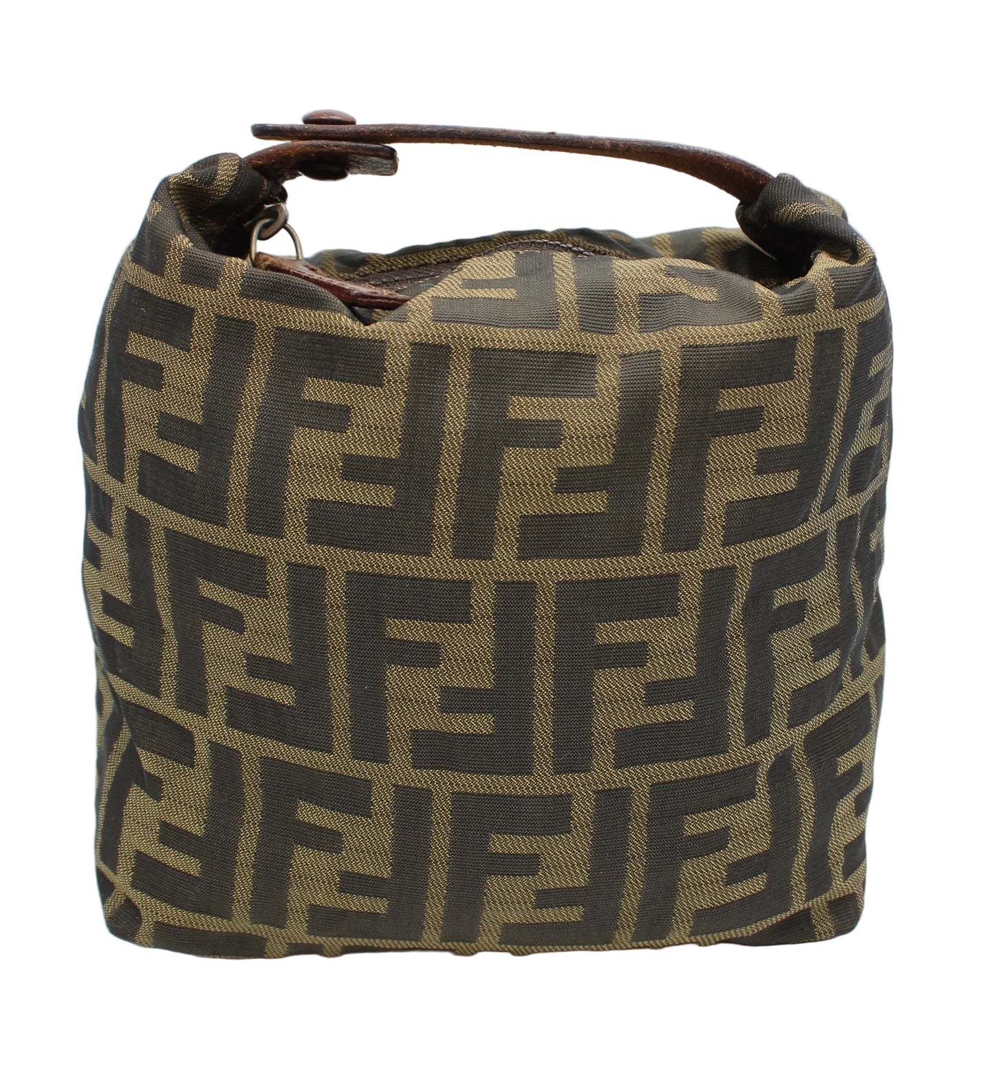 Fendi Brown Zucca Canvas Mini Handle Pouch Brown patterned handbag on a white background