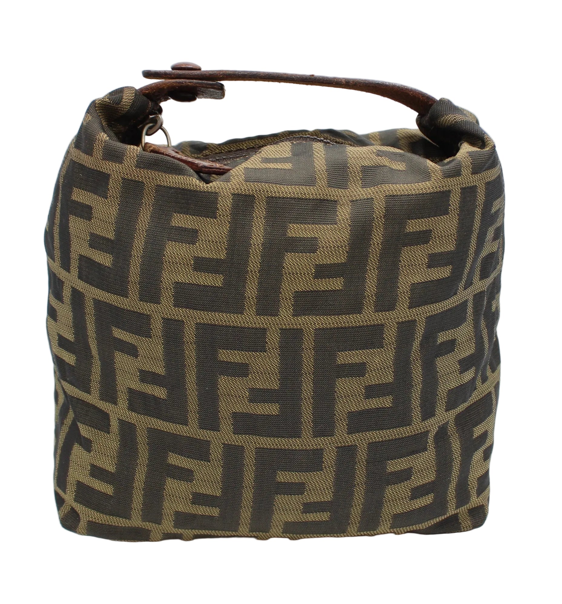 Fendi Brown Zucca Canvas Mini Handle Pouch Brown patterned handbag on a white background