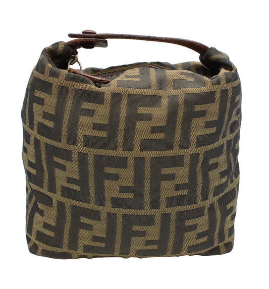 Fendi Brown Zucca Canvas Mini Handle Pouch Brown patterned handbag on a white background