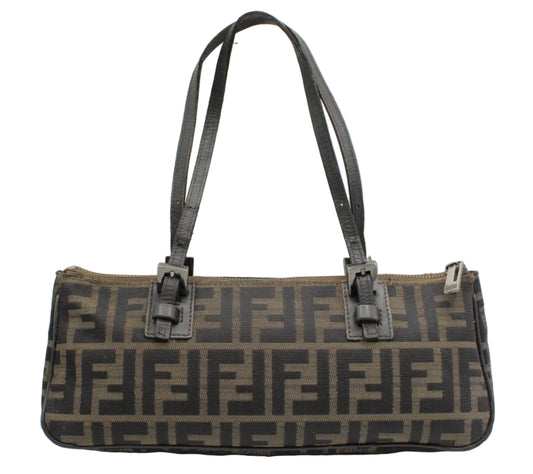 Designer handbag with a prominent logo pattern on a white background Fendi Brown Zucca Canvas Mini Rectangular Tote Bag
