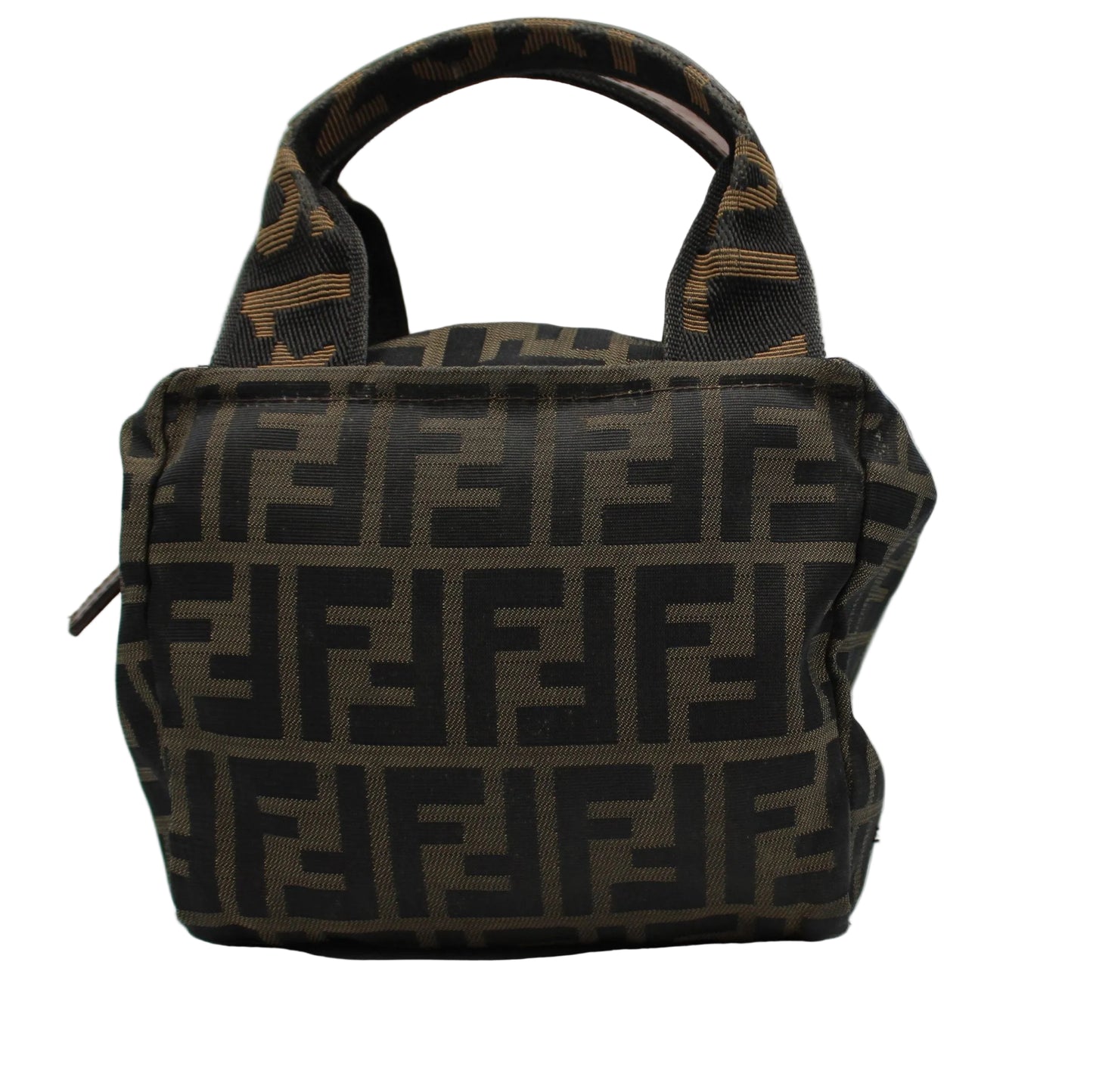 Fendi Brown Zucca Canvas Mini Top Handle Handbag Brown handbag with a prominent logo on a white background