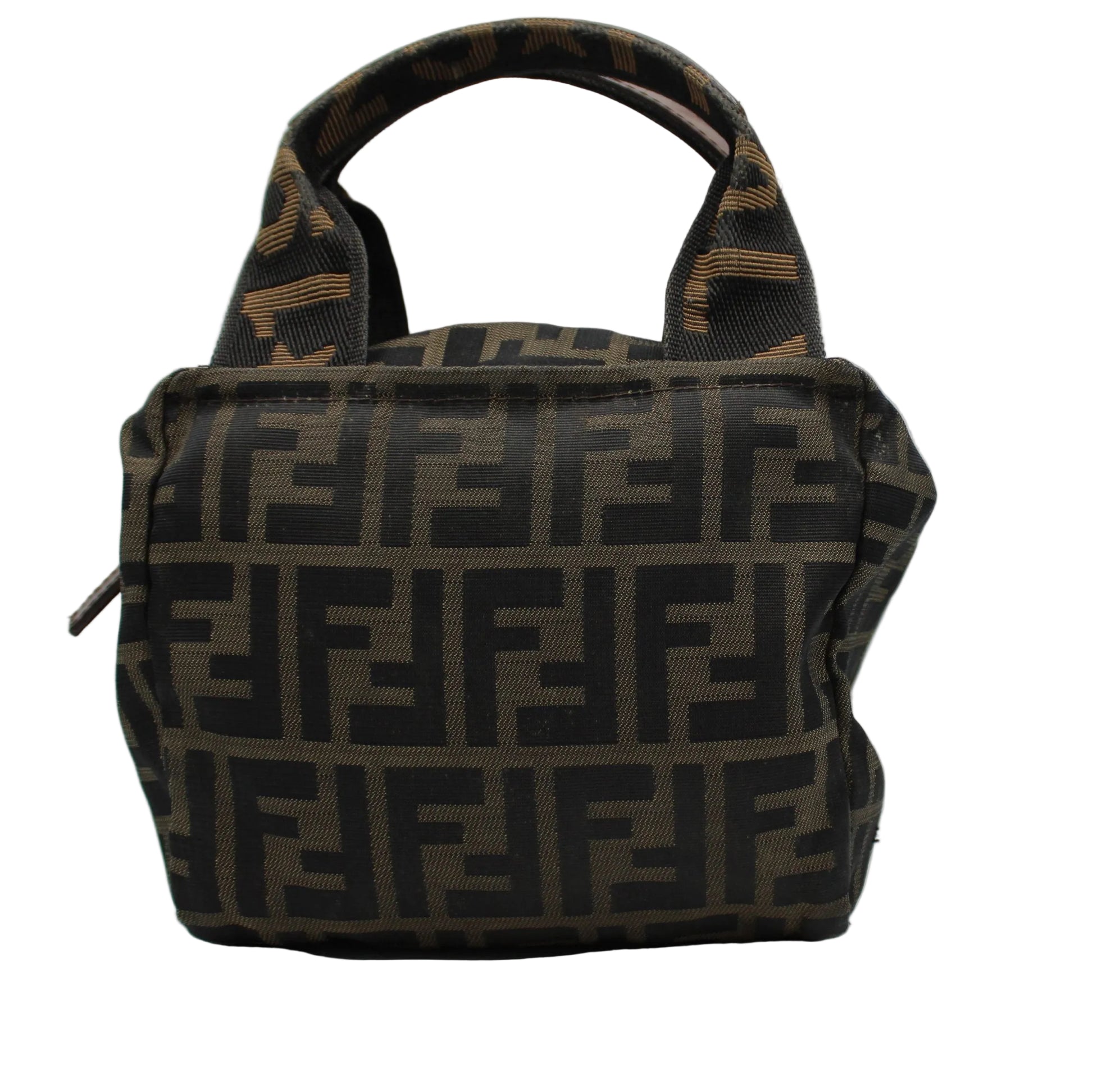 Fendi Brown Zucca Canvas Mini Top Handle Handbag Brown handbag with a prominent logo on a white background
