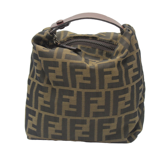 Fendi Brown Zucca Canvas Pouch Handbag With Leather Handle Brown handbag with a prominent logo pattern on a white background