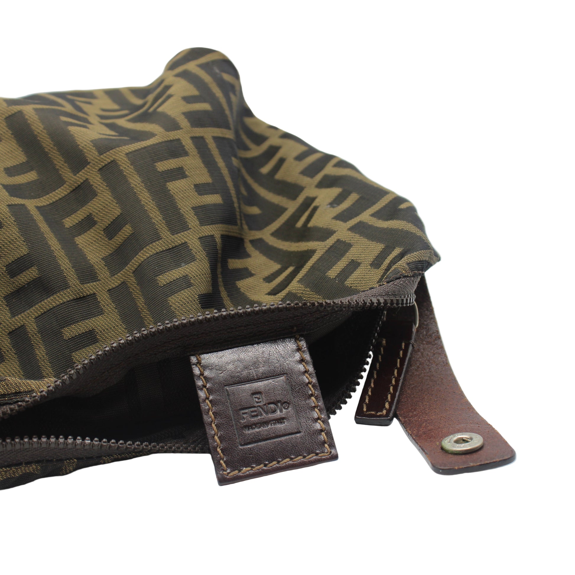 Brown fabric pouch with logo pattern and leather strap on a white background