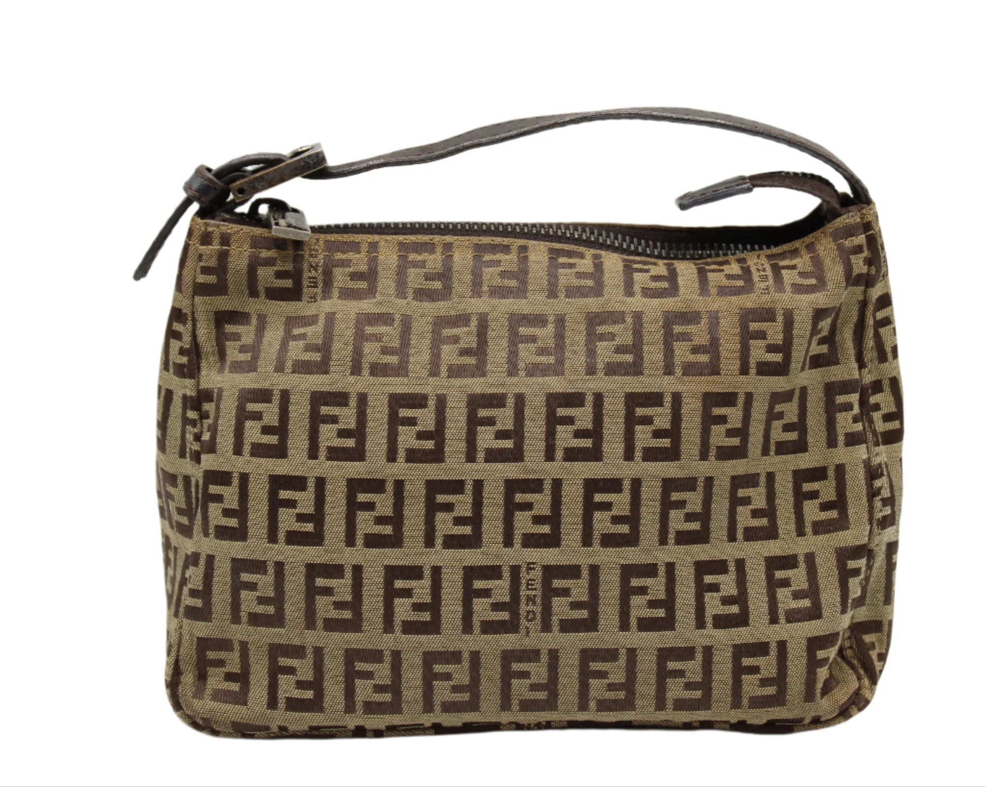 Fendi Brown Zucca Canvas Pouch Leather Handle Mini Bag