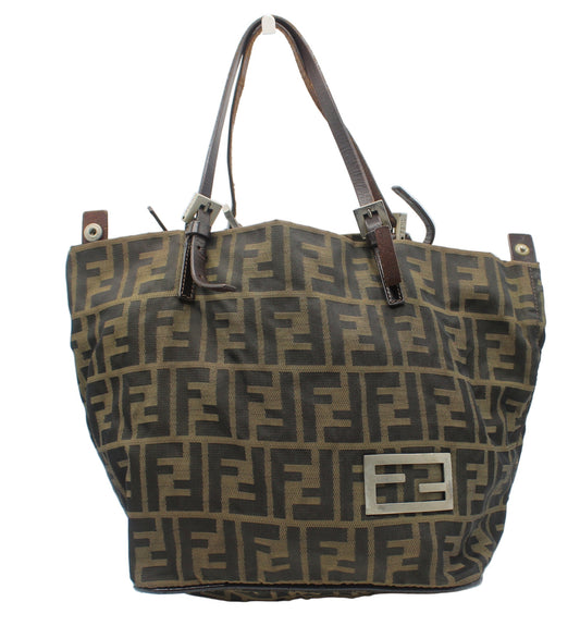 Fendi Brown Zucca Canvas Tote Bag With Leather Handles Designer handbag with monogram pattern on a white background
