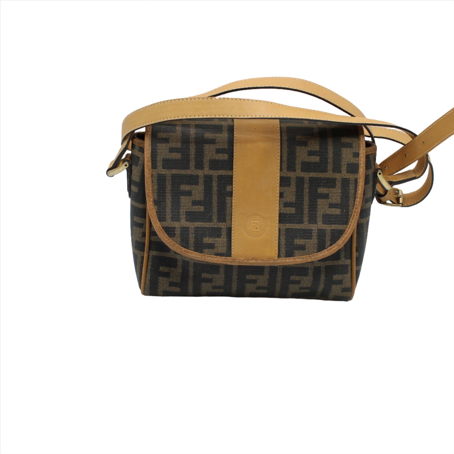 Fendi Brown Zucca Flap Crossbody Bag with Leather Trim 