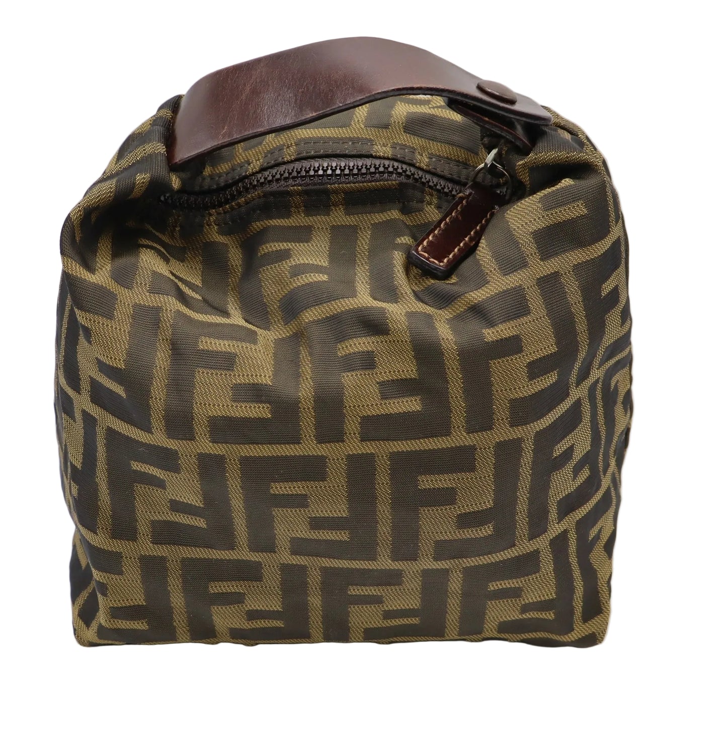 Fendi Brown Zucca Monogram Canvas Leather Handle Pouch A Fendi toiletry bag in the signature Zucca monogram canvas with dark brown leather trim and handle, photographed on a light gray background.