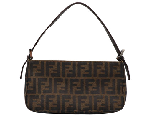 Fendi Brown Zucca Monogram Canvas Leather Shoulder Bag A Fendi shoulder bag in brown and black Zucca monogram canvas with a dark brown leather strap, shown against a plain light gray background.