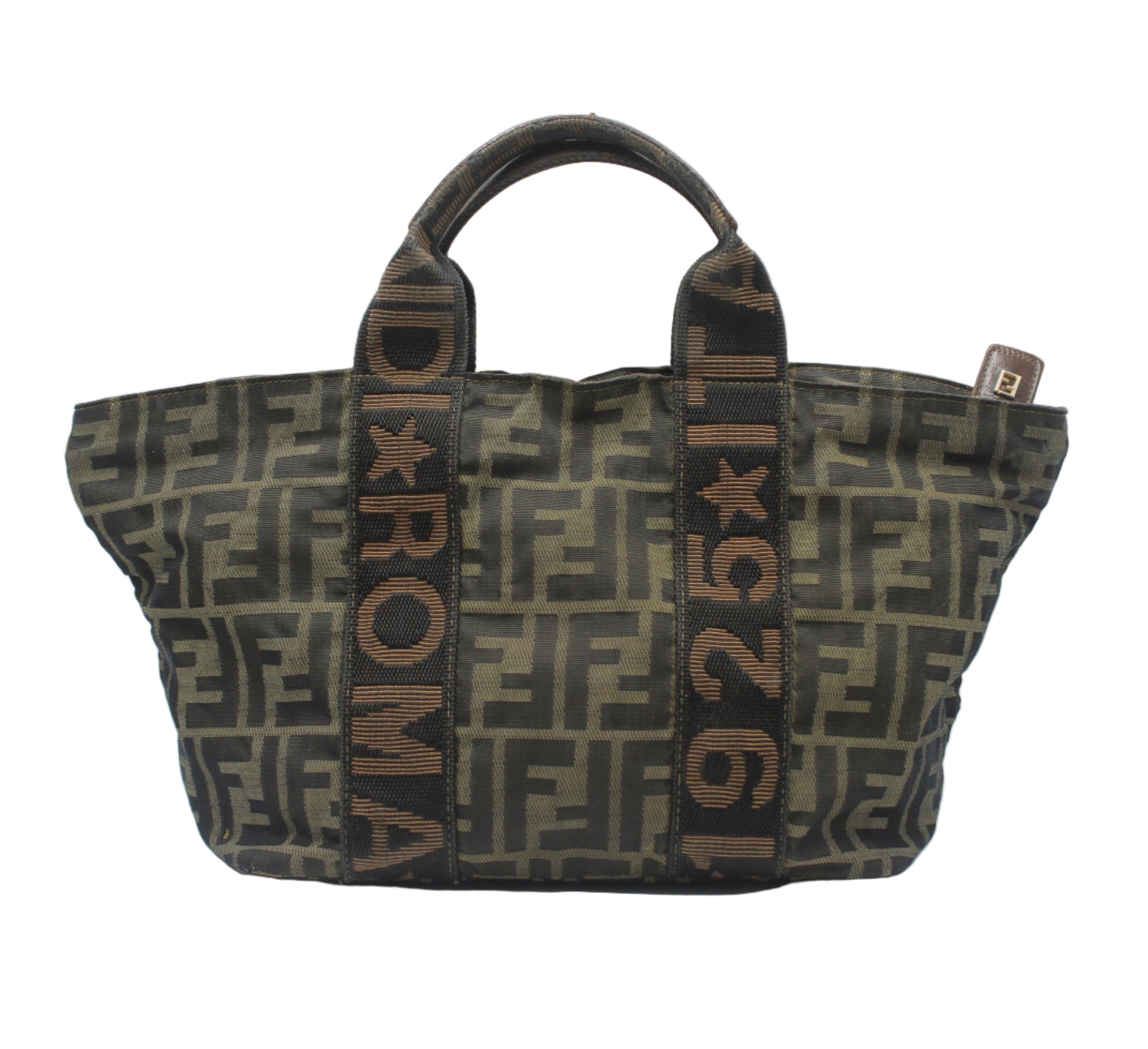 Fendi Brown Zucca Print Canvas Roma Star Handbag Designer handbag with brand logo and text on a white background