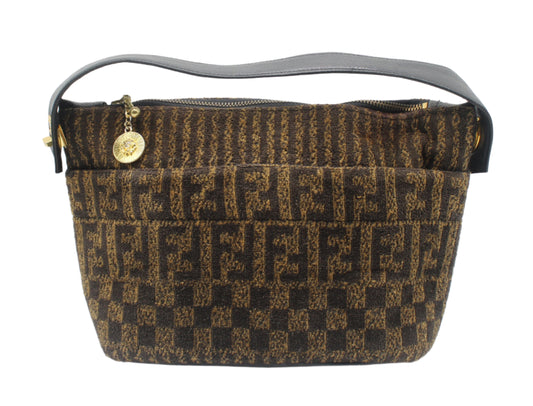 Fendi Brown Zucca Print Terry Cloth Leather Strap Handbag Clutch Bag Designer handbag with a distinctive pattern on a white background